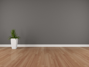 Interior view of a room featuring polished hardwood flooring, a gray wall, and a white planter with a green plant, illustrating popular flooring choices for home remodeling.