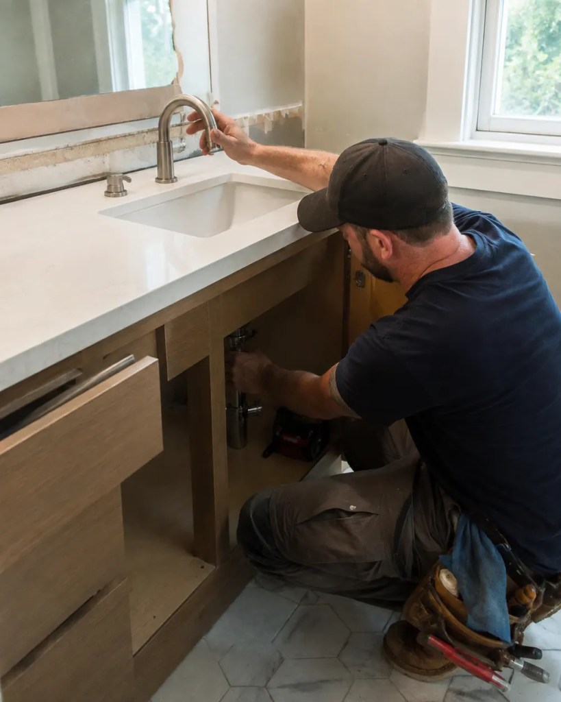 Installer checking hardwood floor installation alignment inside a Lebanon - OR home with specialized spacing tools, Bathroom remodel crew in Keizer - OR measuring shower walls before installing updated waterproof backing, Bathroom remodel planning in a Corvallis - OR home with measurements taken around a tub alcove