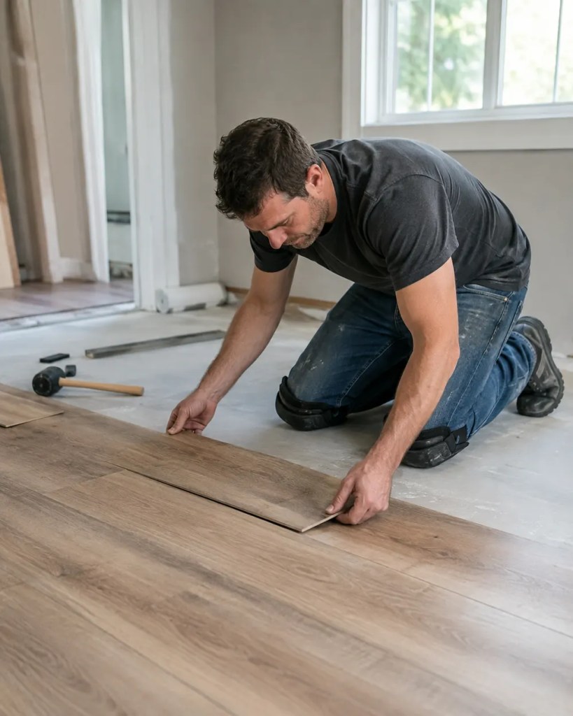 Flooring Contractor reviewing subfloor conditions inside a Corvallis - OR home before installation