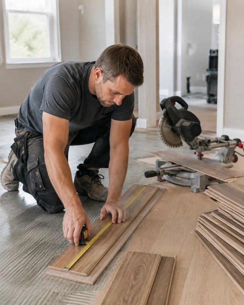 Flooring Contractor in Lane County - OR installing plank flooring across an open living room