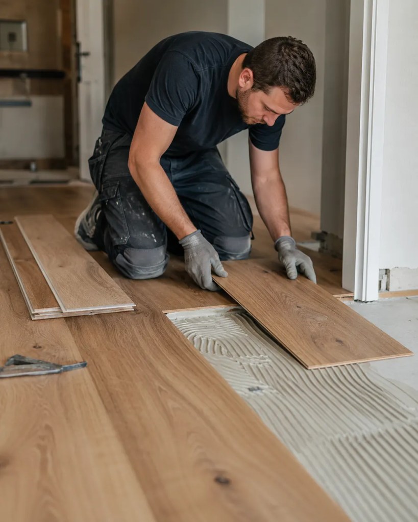 Flooring Contractor checking subfloor level in a Lane County - OR home before installation