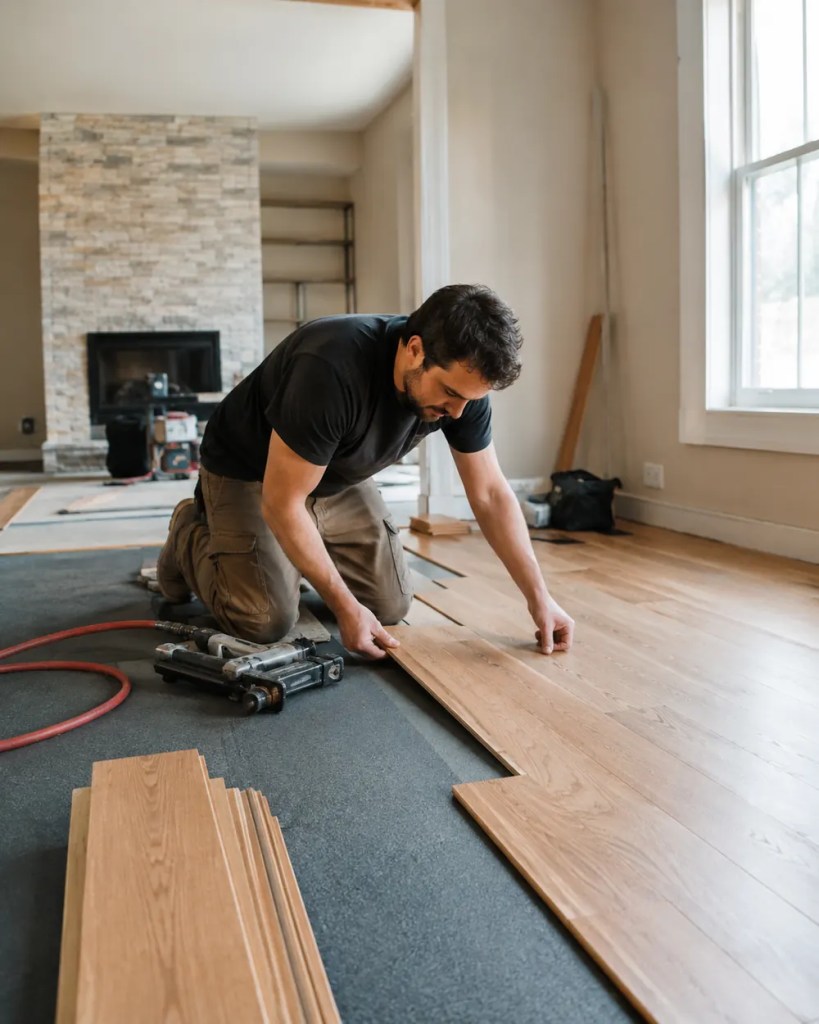 Hardwood Floor Installation in Albany - OR underway as installers align boards in a bright family room, Hardwood floor installation in Eugene, OR underway as installers align boards in a bright family room