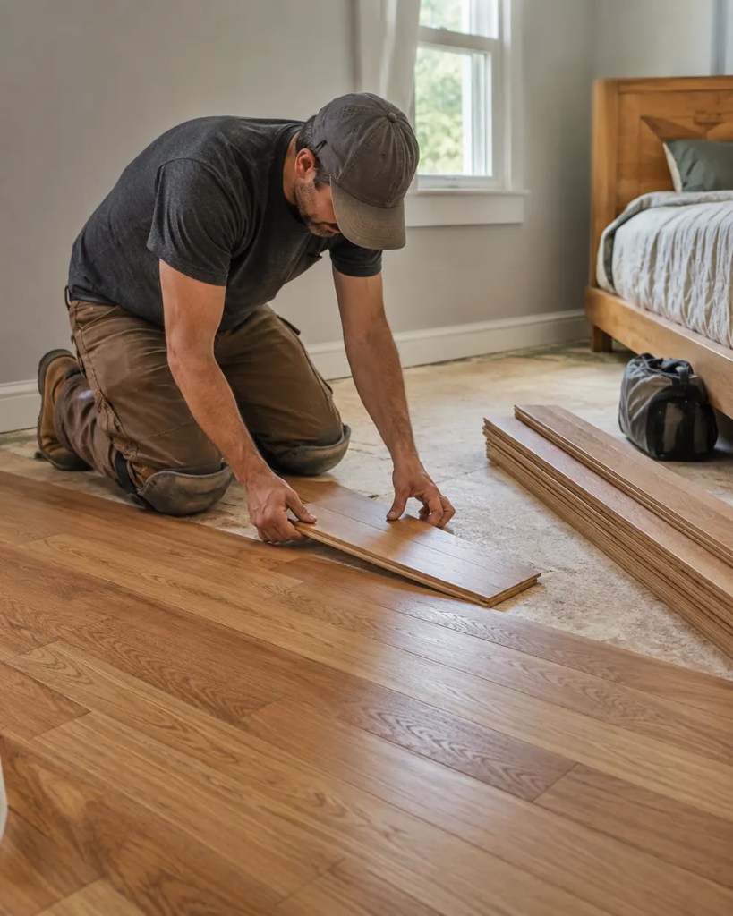 Hardwood Floor Installation in Keizer - OR underway as installers align oak planks across a living room, Bathroom Remodel in Keizer - OR as installers set large-format wall tile around a new shower