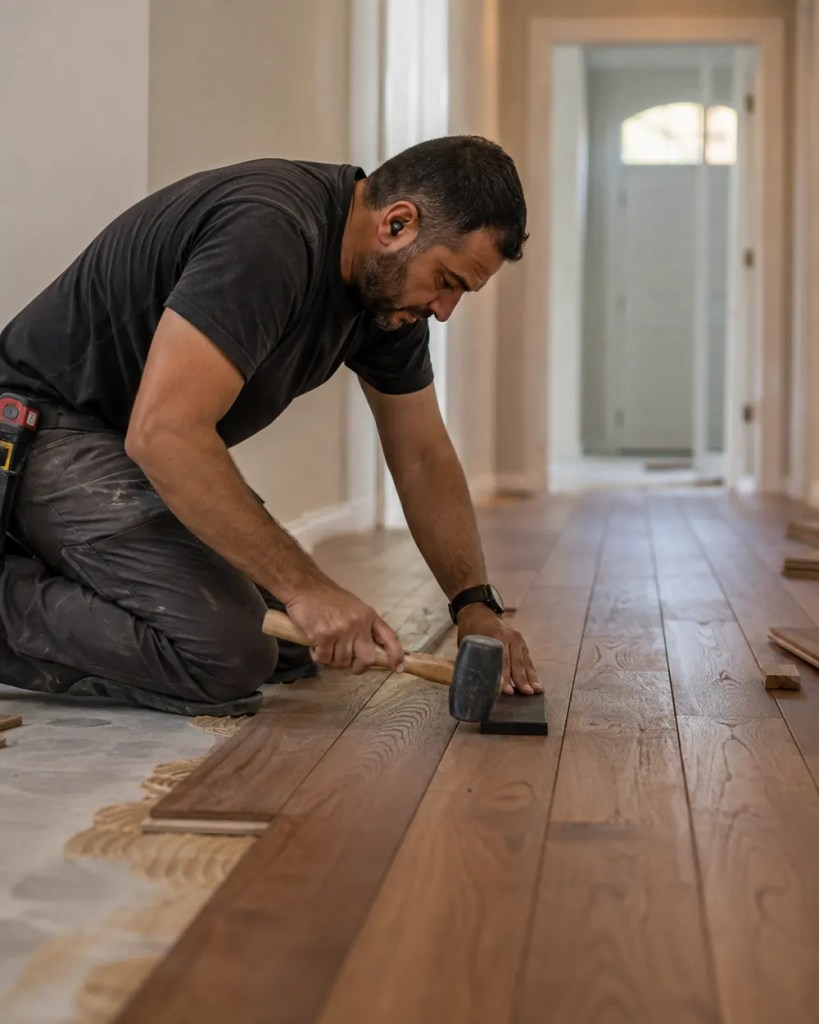 Hardwood Floor Installation in Corvallis - OR as installers align oak planks across a bright living room