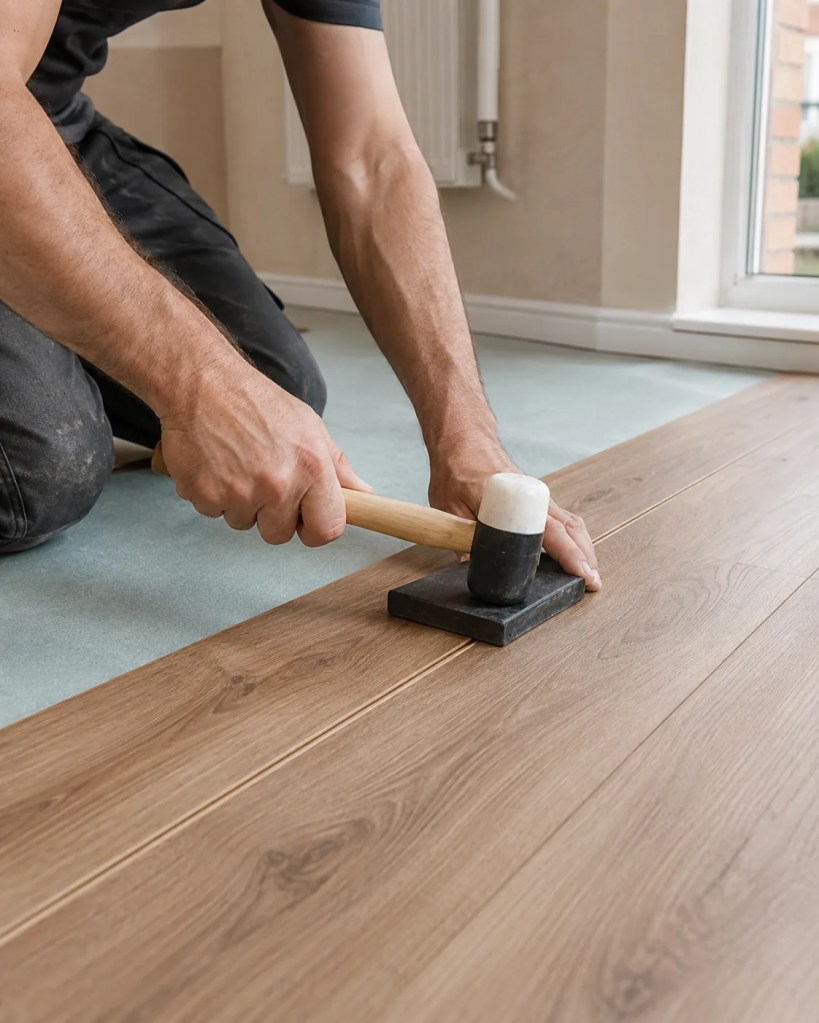 Laminate Flooring Installation in Keizer - OR in progress as a crew fits planks along a hallway wall