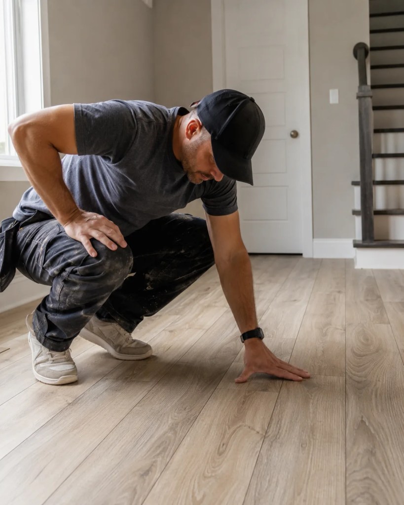 Installer performing Laminate Flooring Installation in a Keizer - OR family room while checking plank alignment