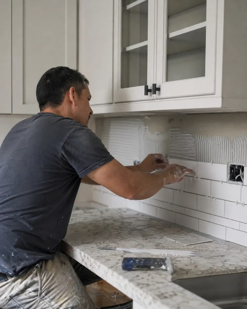 Tile Contractor measuring shower walls in a Keizer - OR bathroom before precise tile installation, Tile Contractor leveling shower wall tile in a Corvallis - OR bathroom remodel