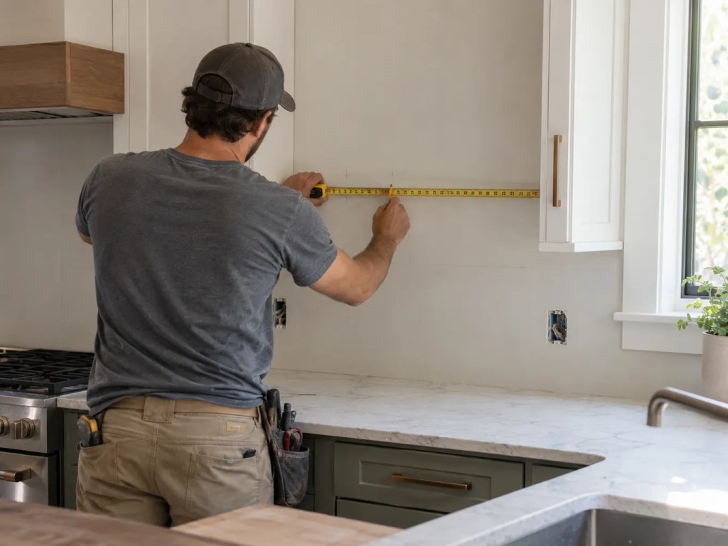 Kitchen Backsplash Installation in Salem - OR underway as a tile setter aligns subway tile above counters